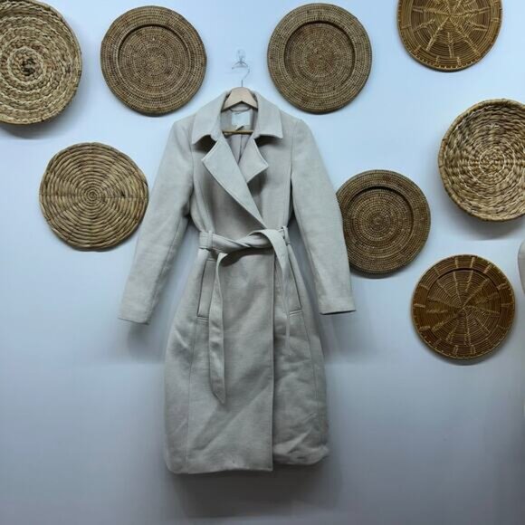 H&M Neutral Beige Tie Belt Long Mid Midi Winter Coat XS Minimalist Preppy - Picture 2 of 7